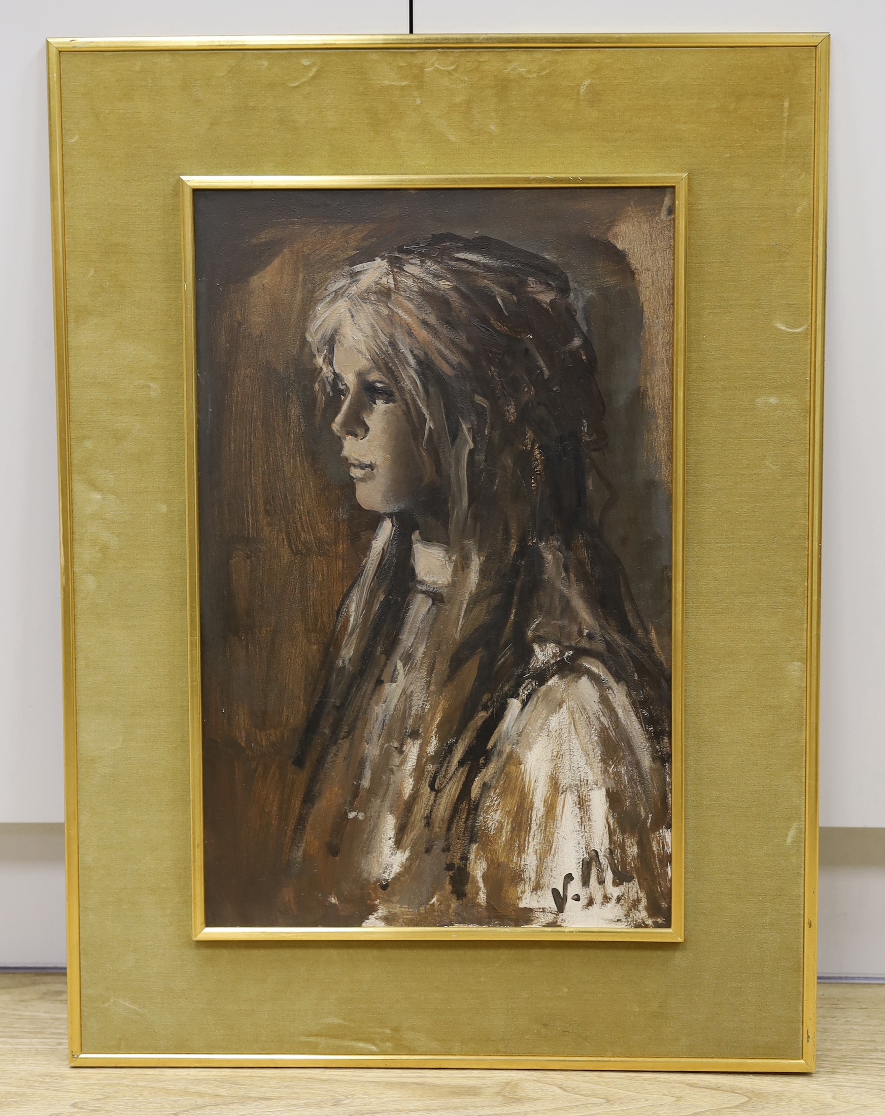 V.M., oil on board, Portrait of a young woman, initialled, 55 x 35cm